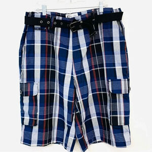 Eddie Domani Baggy Cargo Shorts Men Sz 38  Blue Plaid Belt Pockets  Inseam 12"